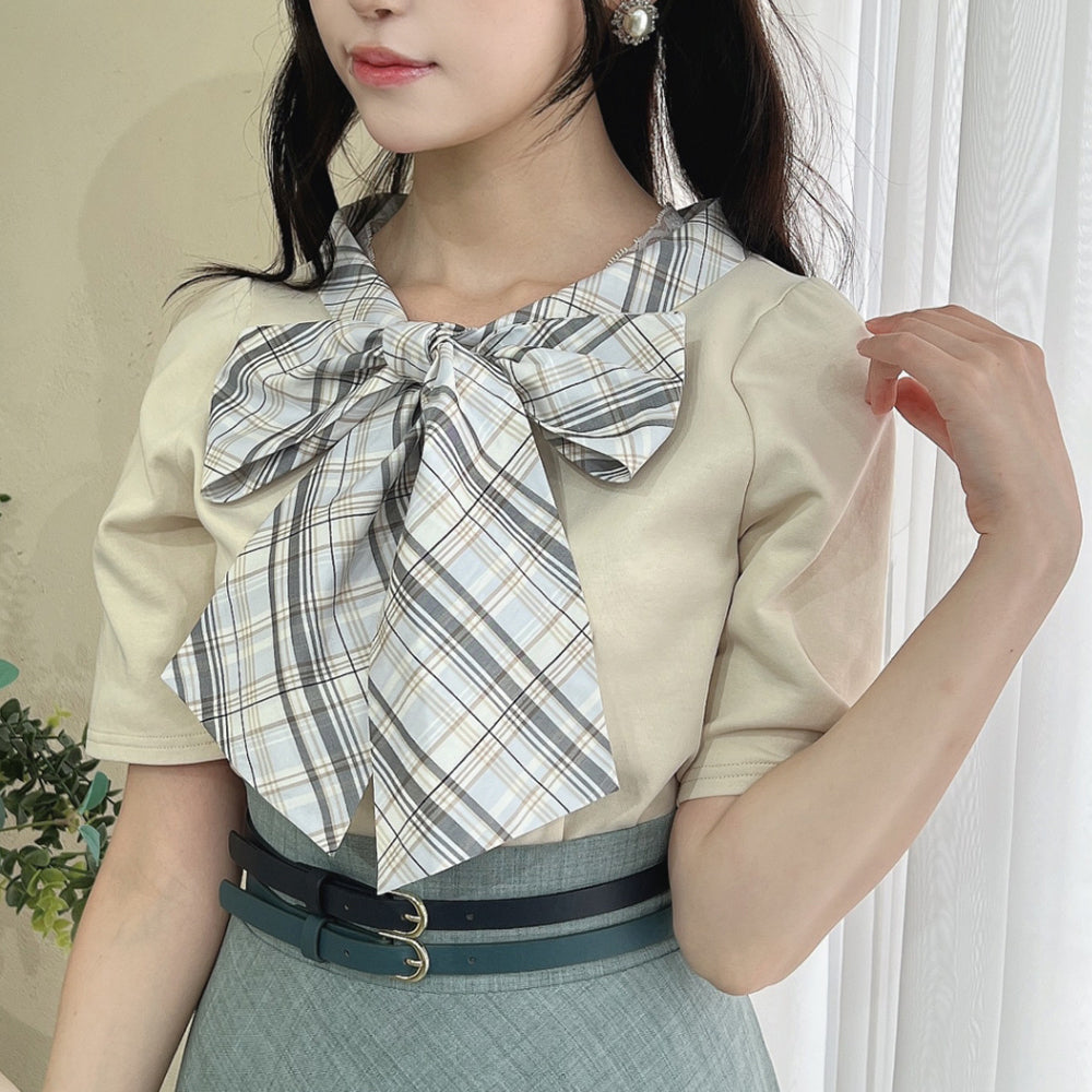 アンアナザーアンジェラス an another angelus 楽天ガールズアワード 【モデル着用商品】【洗える】チェックリボンタイカットトップス （L/BLUE×WH） L/BLUE×WH