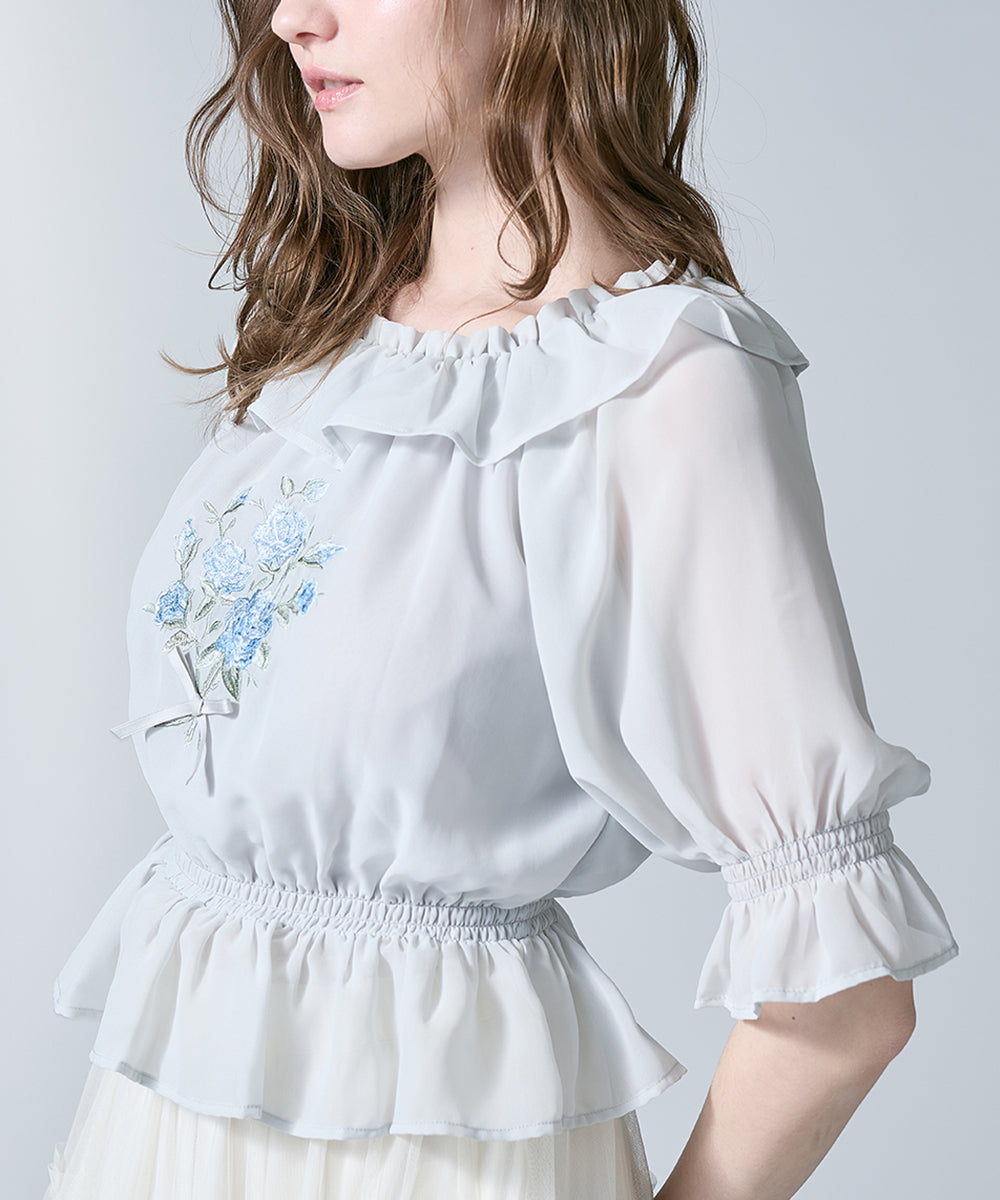 アンアナザーアンジェラス an another angelus ブーケ刺繍オフショルブラウス【洗える】 （BLUE GRAY） BLUE GRAY