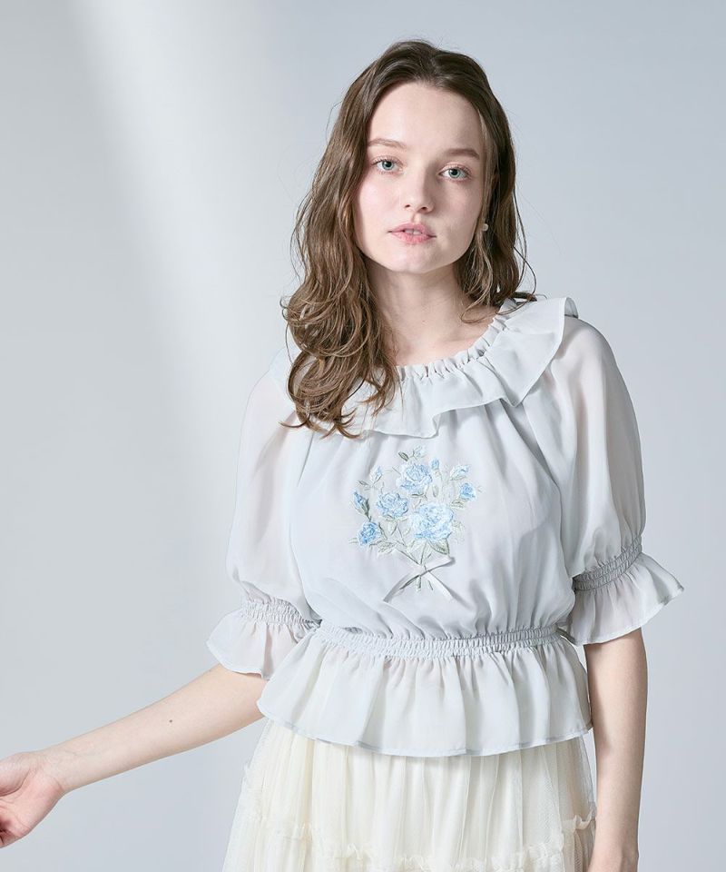アンアナザーアンジェラス an another angelus ブーケ刺繍オフショルブラウス【洗える】 （BLUE GRAY） BLUE GRAY