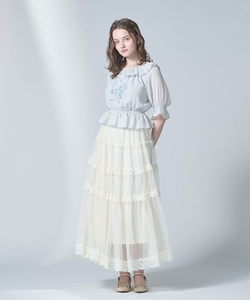 アンアナザーアンジェラス an another angelus ブーケ刺繍オフショルブラウス【洗える】 （BLUE GRAY） BLUE GRAY