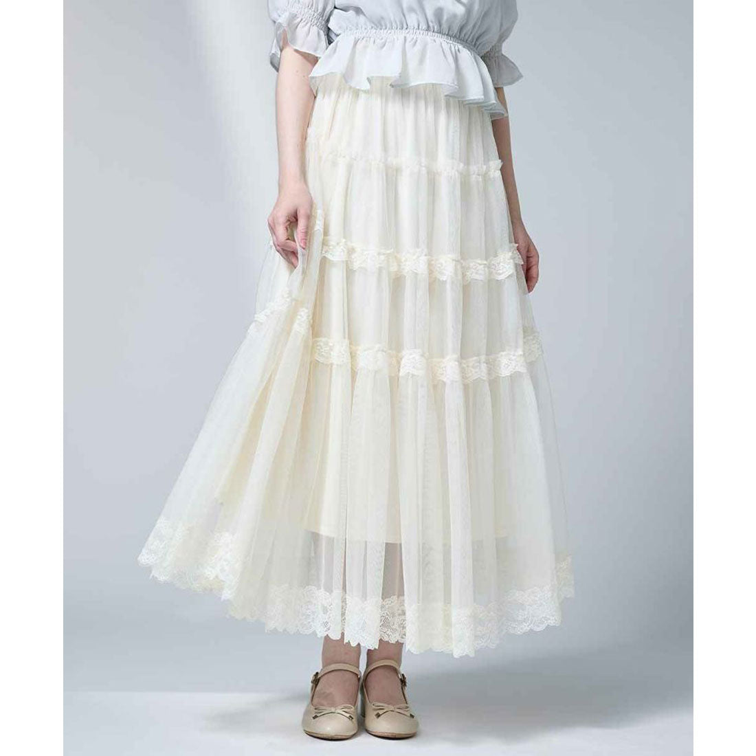 アンアナザーアンジェラス an another angelus 【洗える】レースフリルチュールスカート （OFF WHITE） OFF WHITE