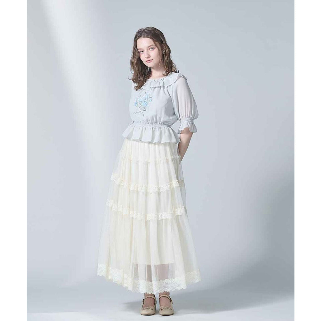 アンアナザーアンジェラス an another angelus 【洗える】レースフリルチュールスカート （OFF WHITE） OFF WHITE