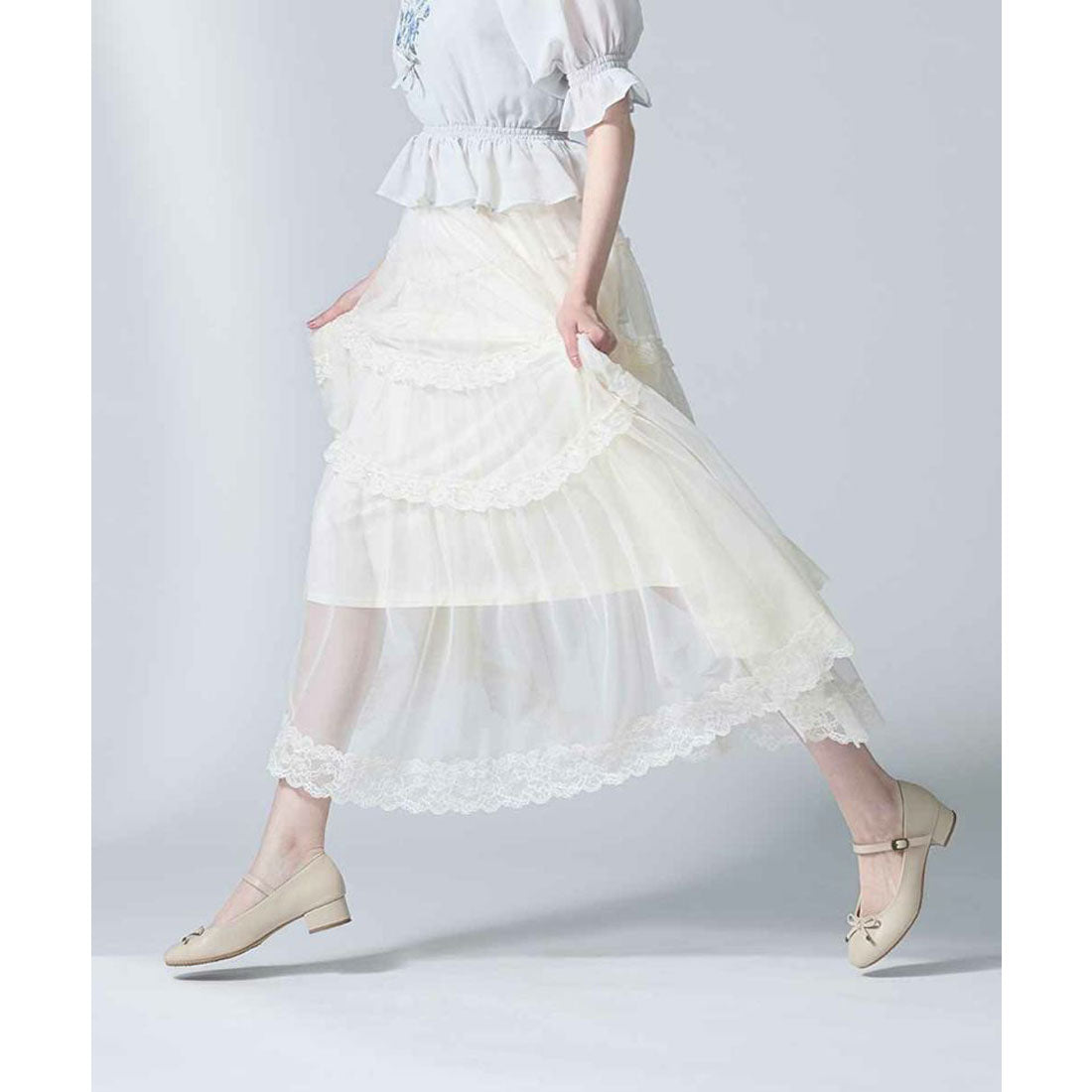 アンアナザーアンジェラス an another angelus 【洗える】レースフリルチュールスカート （OFF WHITE） OFF WHITE