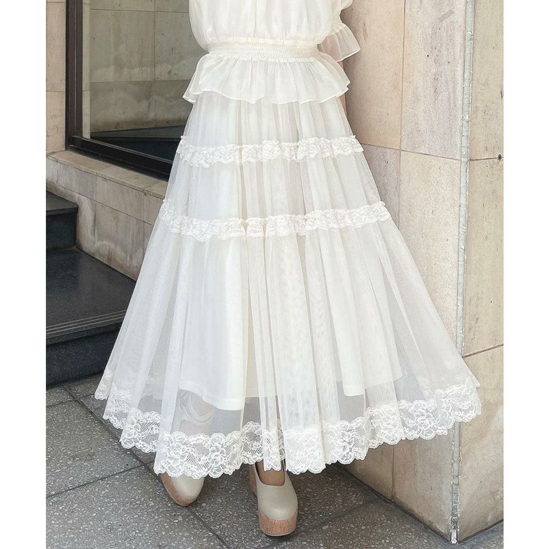 アンアナザーアンジェラス an another angelus 【洗える】レースフリルチュールスカート （OFF WHITE） OFF WHITE