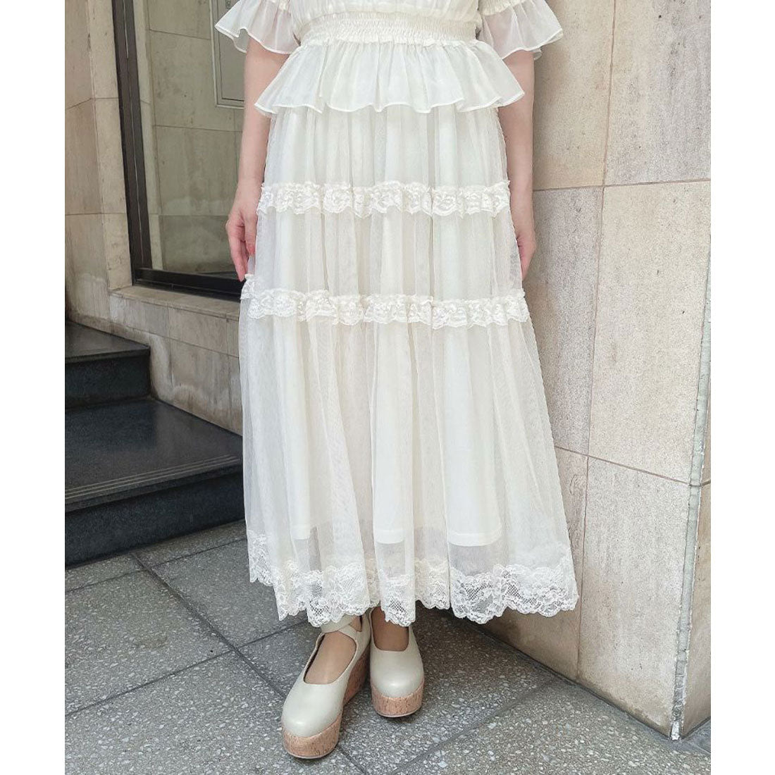 アンアナザーアンジェラス an another angelus 【洗える】レースフリルチュールスカート （OFF WHITE） OFF WHITE