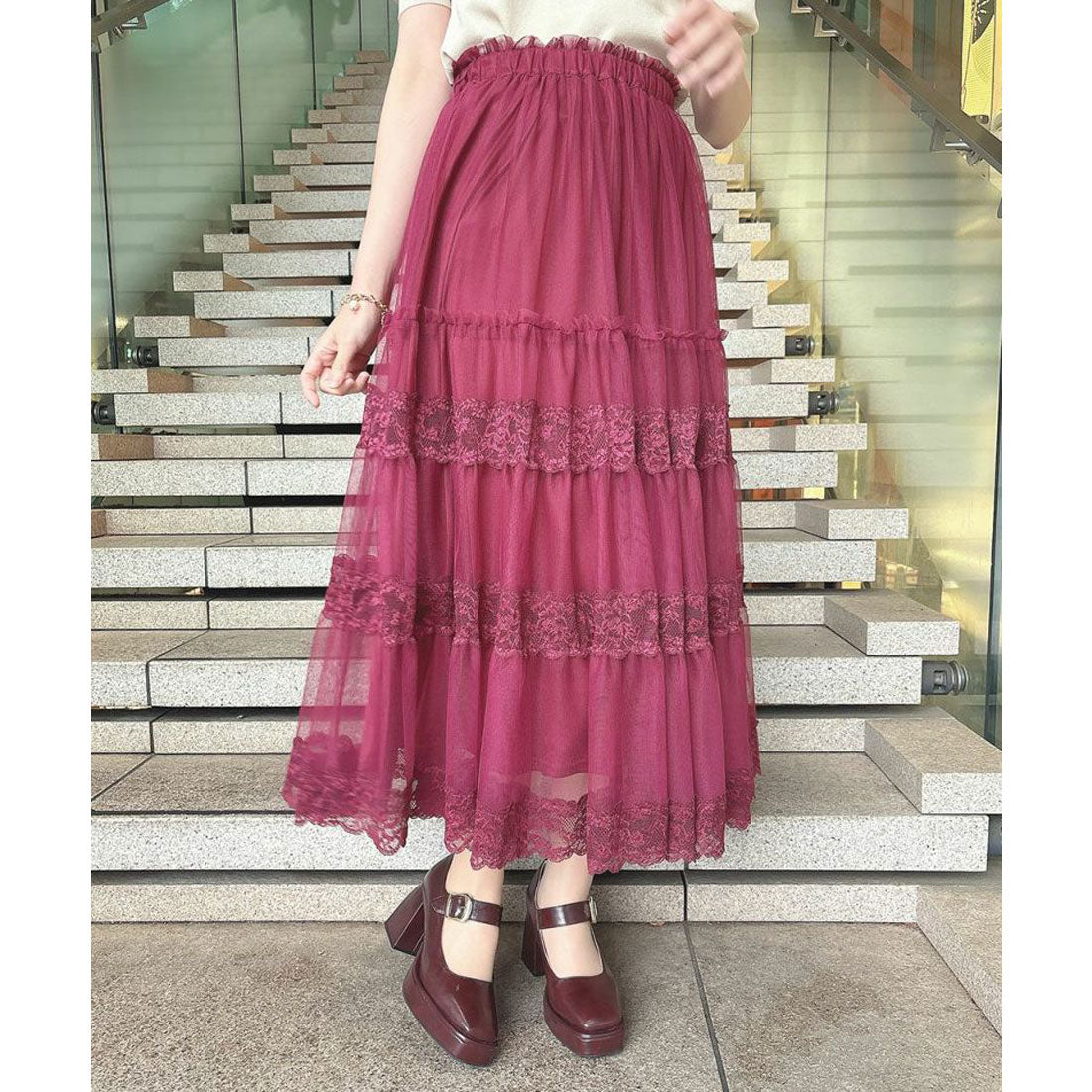 アンアナザーアンジェラス an another angelus 【5色展開・洗える】レース切替チュールティアードスカート （BORDEAUX） BORDEAUX