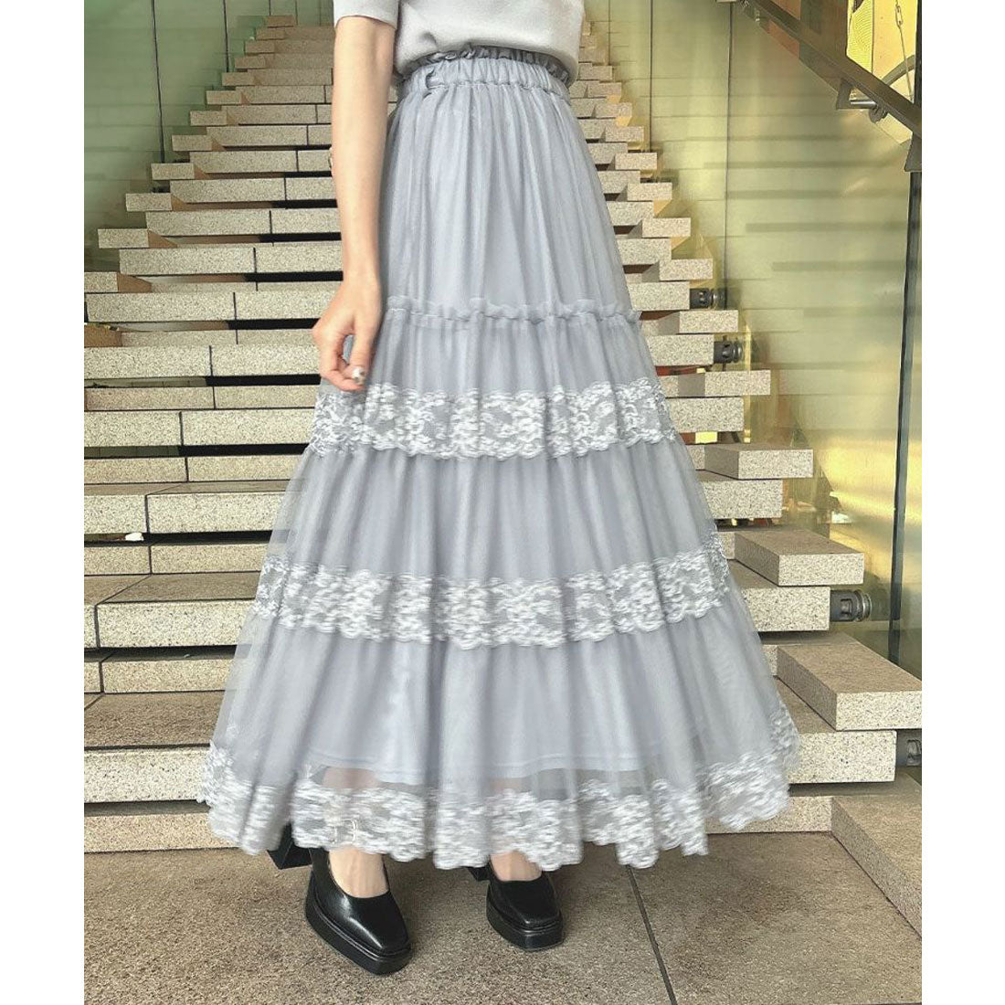アンアナザーアンジェラス an another angelus 【5色展開・洗える】レース切替チュールティアードスカート （BLUE GRAY） BLUE GRAY