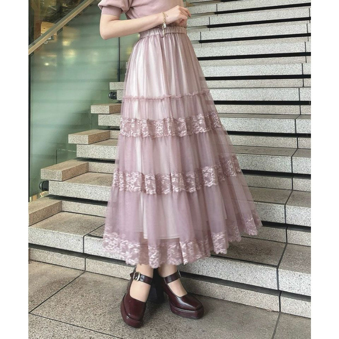 アンアナザーアンジェラス an another angelus 【5色展開・洗える】レース切替チュールティアードスカート （PINK BEIGE） PINK BEIGE