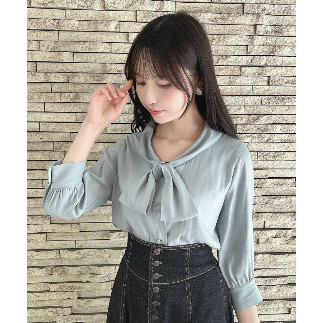 アンアナザーアンジェラス an another angelus 【洗える】ショールカラーボウタイブラウス （BLUE GRAY） BLUE GRAY