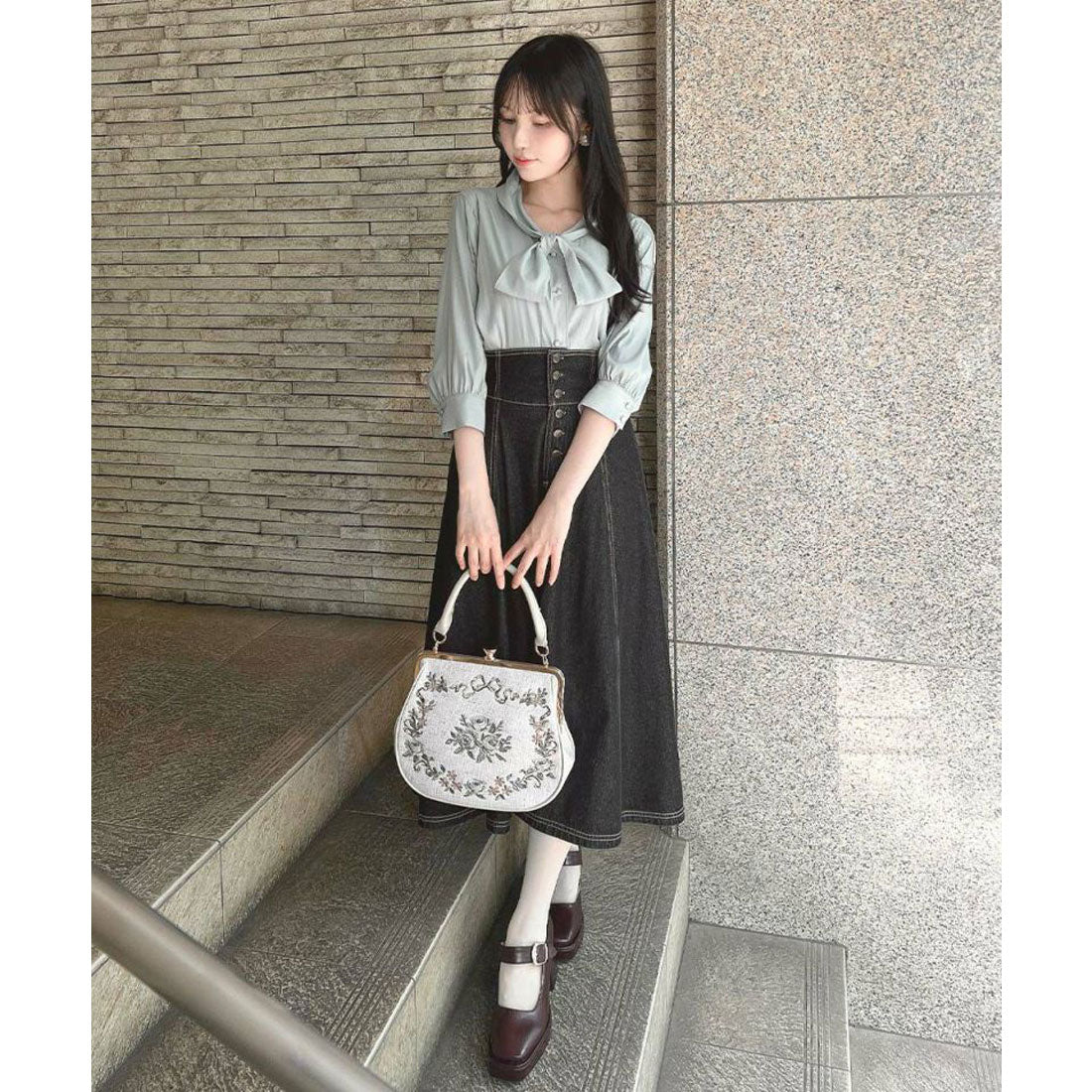 アンアナザーアンジェラス an another angelus 【洗える】ショールカラーボウタイブラウス （BLUE GRAY） BLUE GRAY