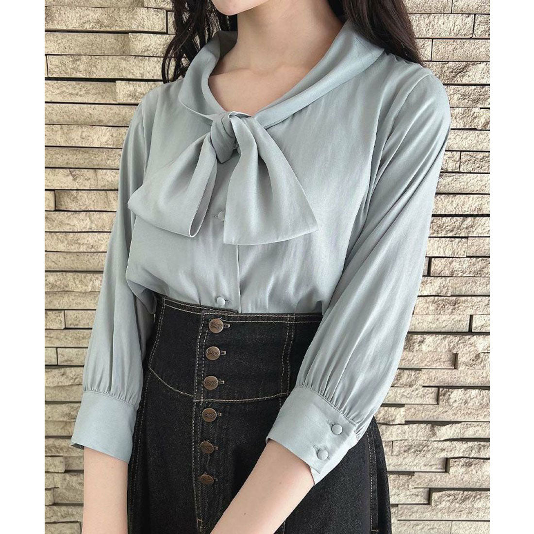 アンアナザーアンジェラス an another angelus 【洗える】ショールカラーボウタイブラウス （BLUE GRAY） BLUE GRAY