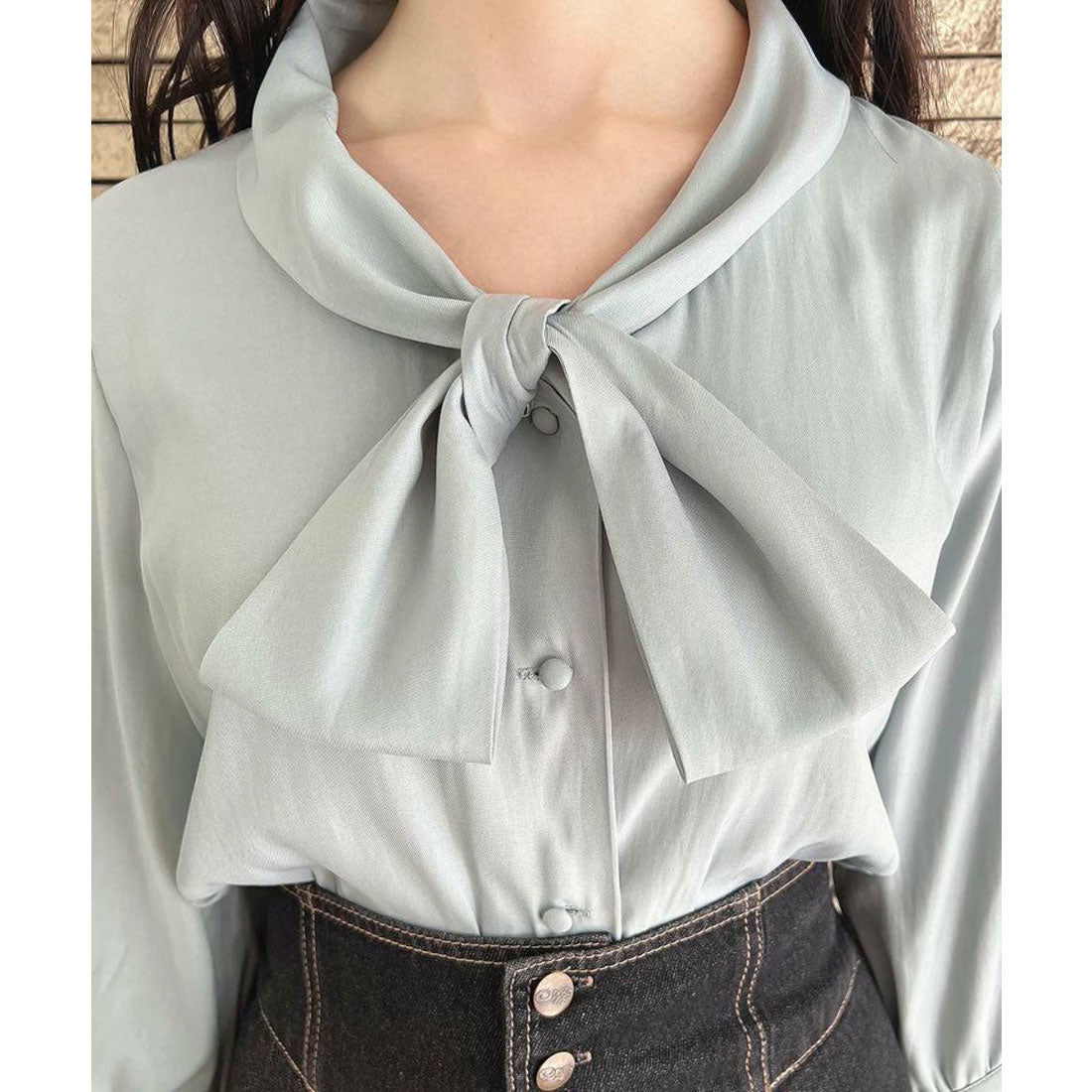 アンアナザーアンジェラス an another angelus 【洗える】ショールカラーボウタイブラウス （BLUE GRAY） BLUE GRAY