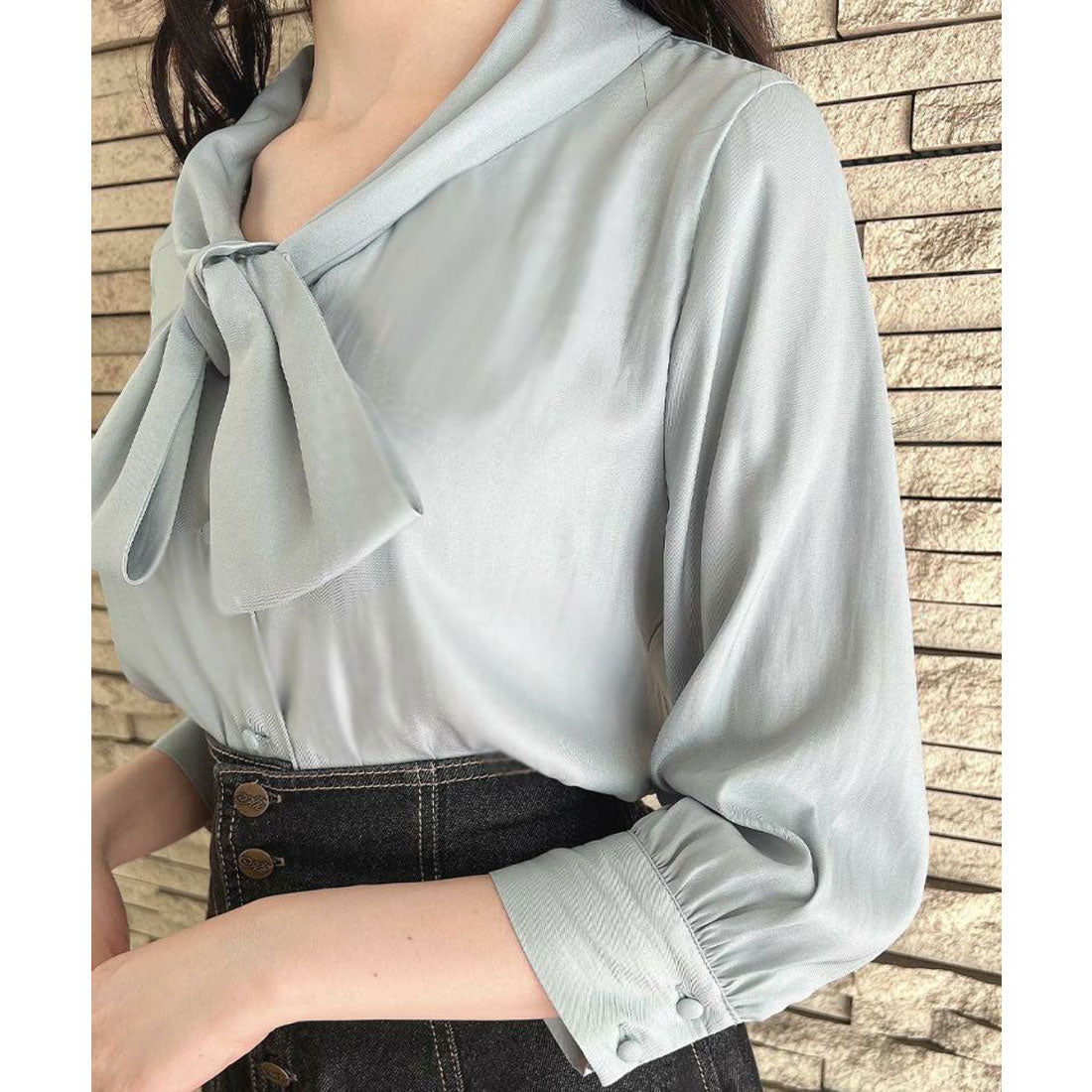 アンアナザーアンジェラス an another angelus 【洗える】ショールカラーボウタイブラウス （BLUE GRAY） BLUE GRAY