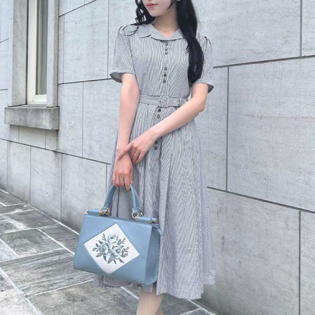 アンアナザーアンジェラス an another angelus 【洗える】レトロ釦使い開衿シャツワンピース （OFF×NAVY） OFF×NAVY