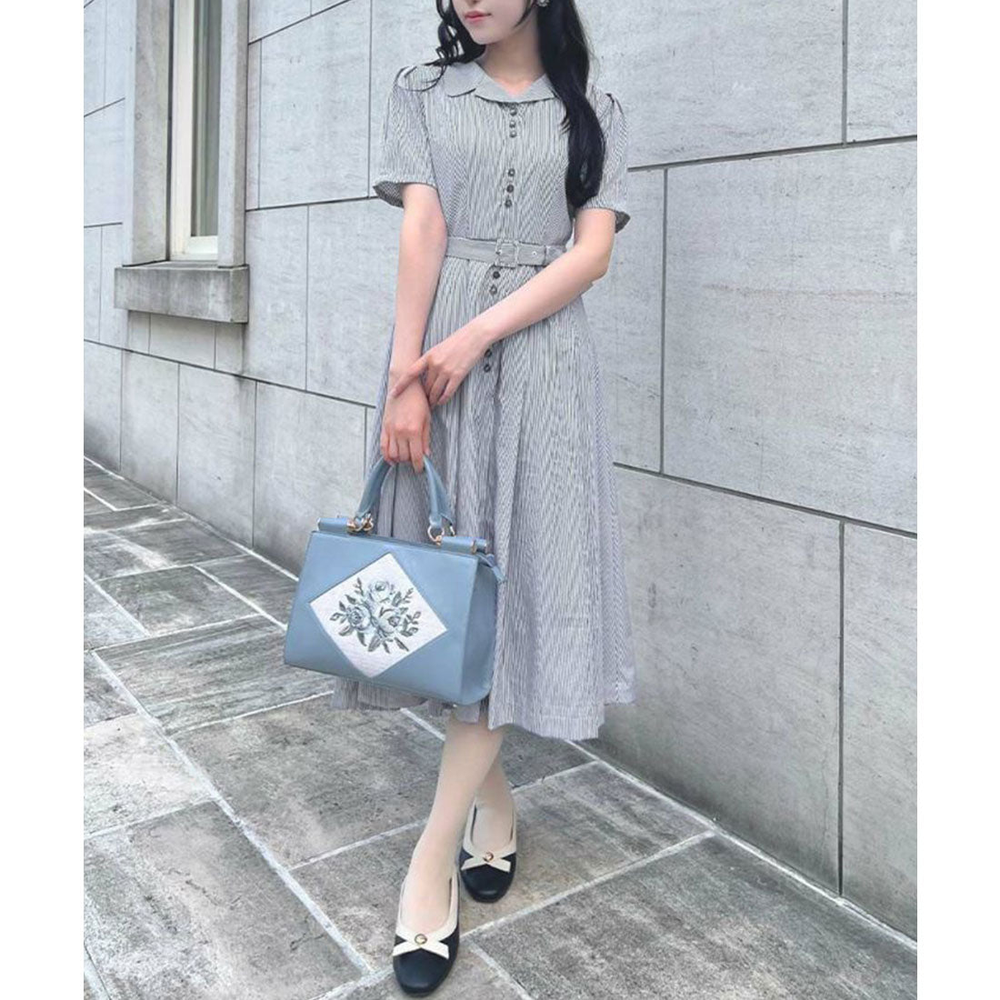 アンアナザーアンジェラス an another angelus 【洗える】レトロ釦使い開衿シャツワンピース （OFF×NAVY） OFF×NAVY