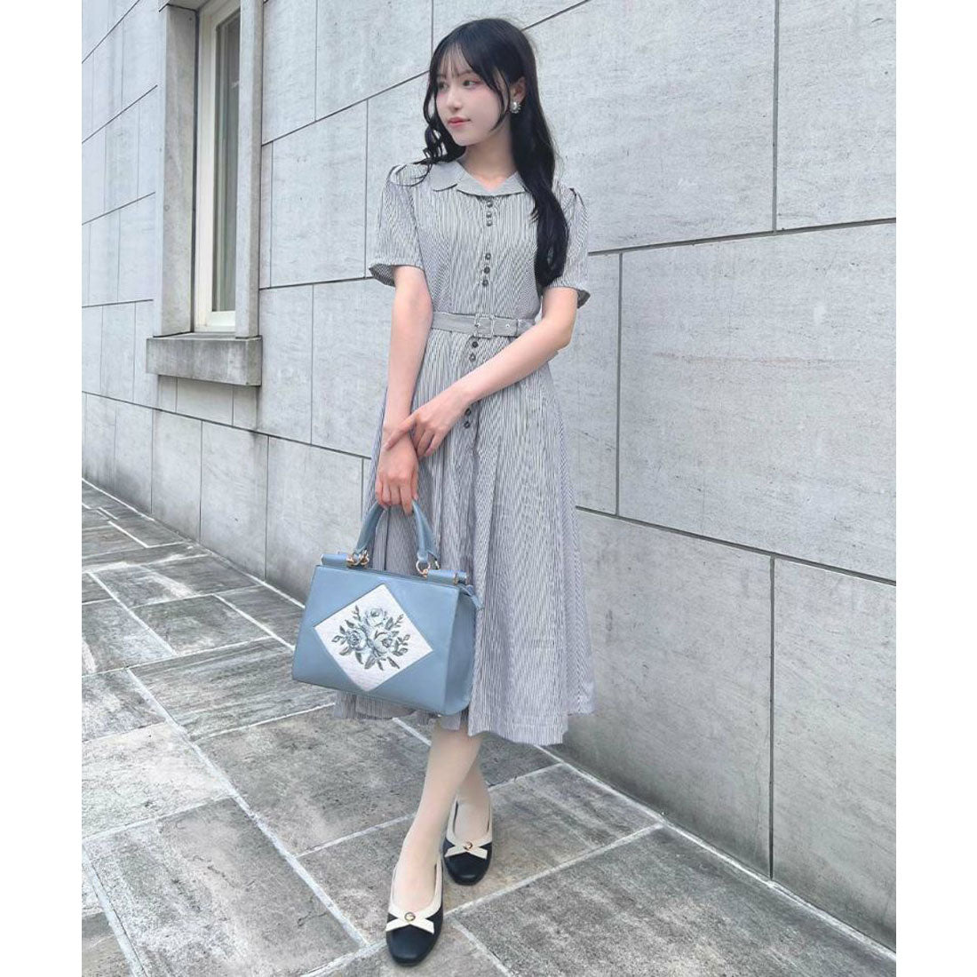 アンアナザーアンジェラス an another angelus 【洗える】レトロ釦使い開衿シャツワンピース （OFF×NAVY） OFF×NAVY