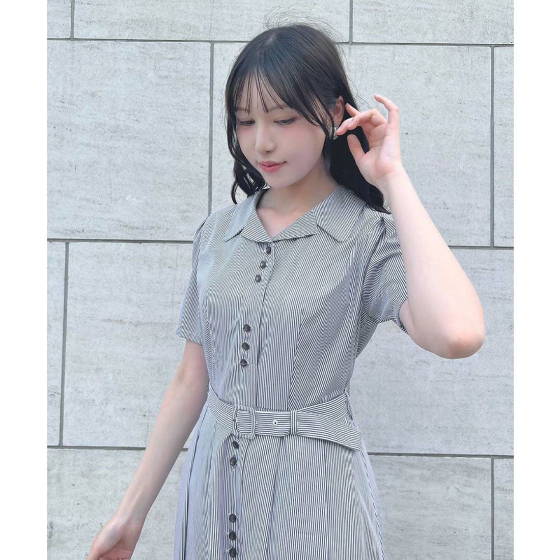 アンアナザーアンジェラス an another angelus 【洗える】レトロ釦使い開衿シャツワンピース （OFF×NAVY） OFF×NAVY