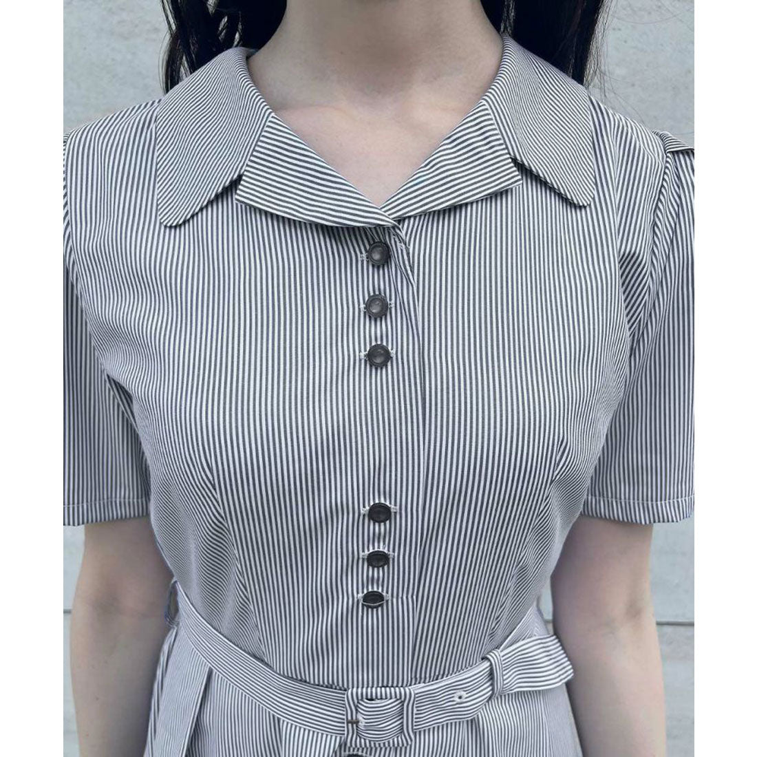 アンアナザーアンジェラス an another angelus 【洗える】レトロ釦使い開衿シャツワンピース （OFF×NAVY） OFF×NAVY