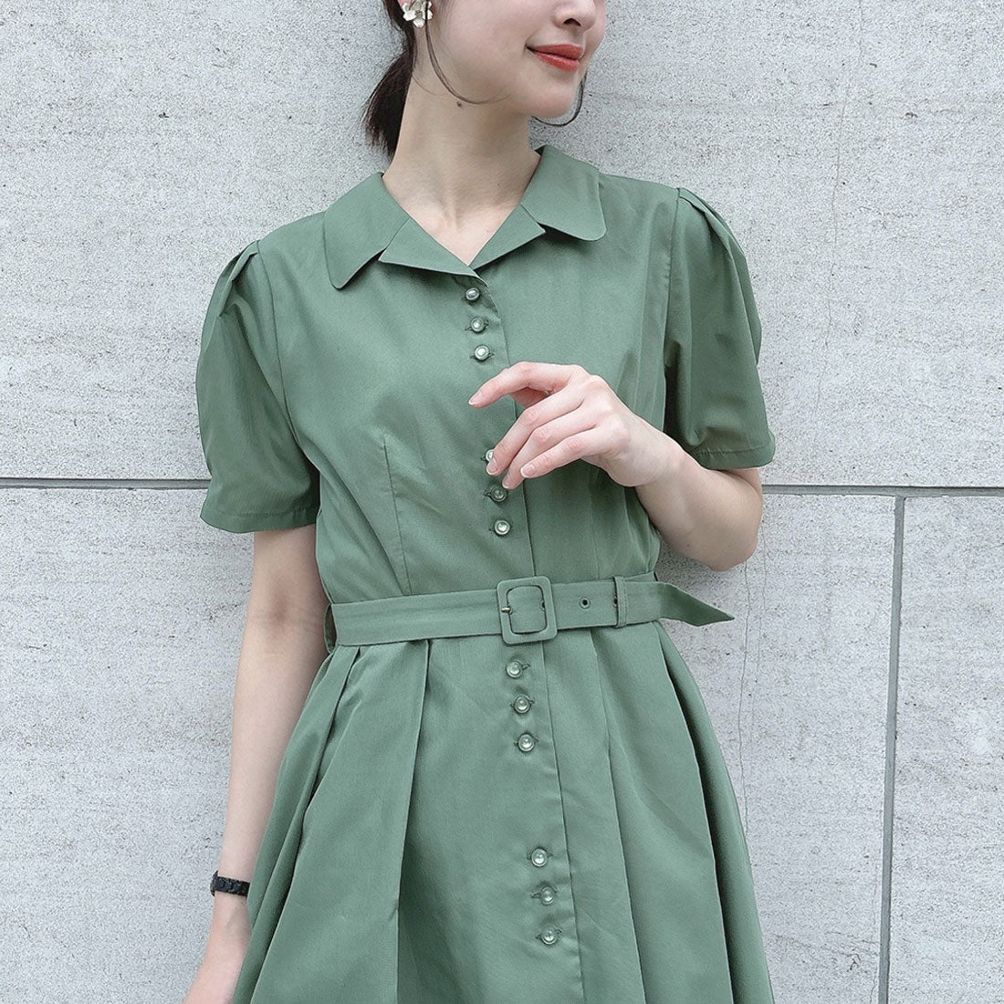 アンアナザーアンジェラス an another angelus 【洗える】レトロ釦使い開衿シャツワンピース （GREEN） GREEN