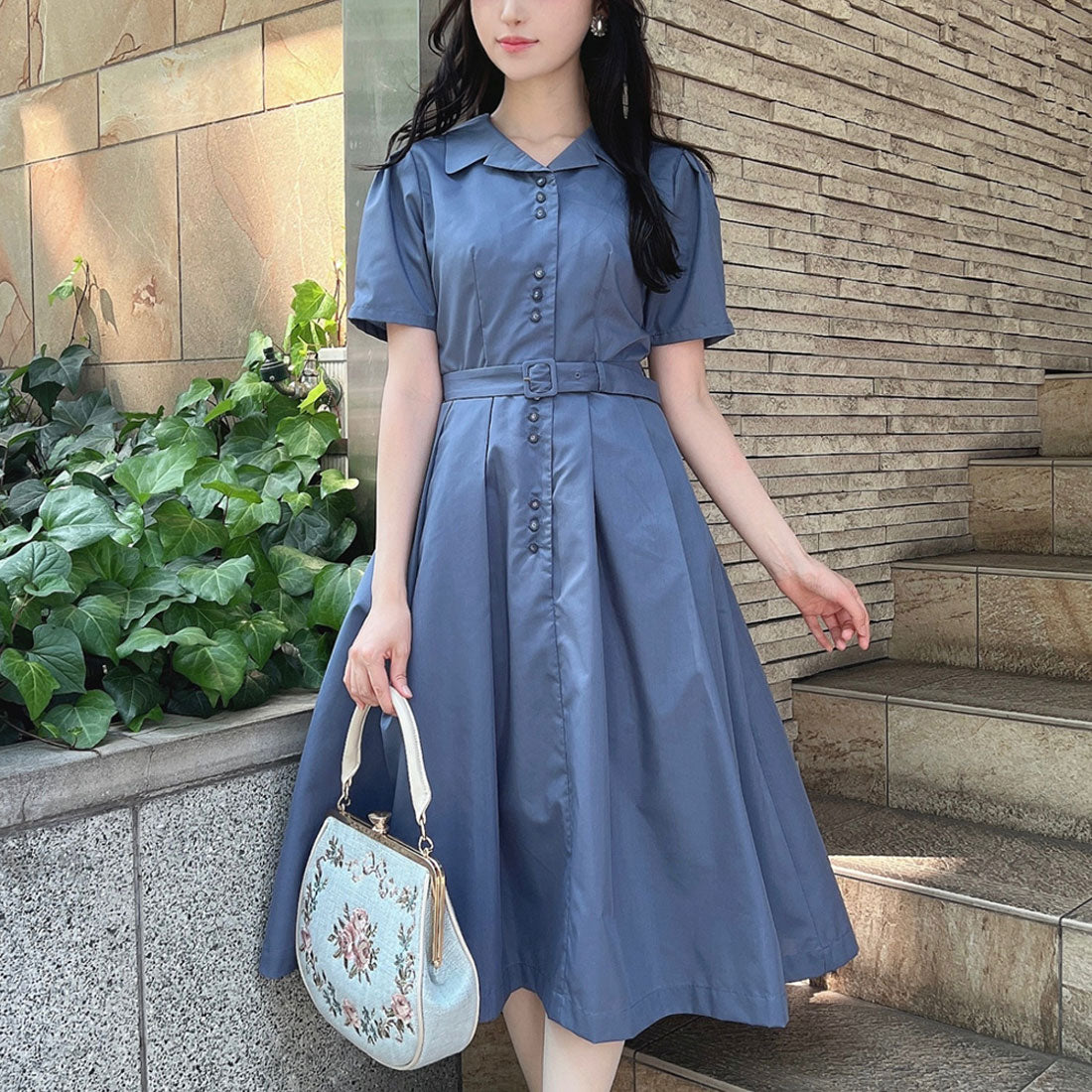 アンアナザーアンジェラス an another angelus 【洗える】レトロ釦使い開衿シャツワンピース （BLUE） BLUE