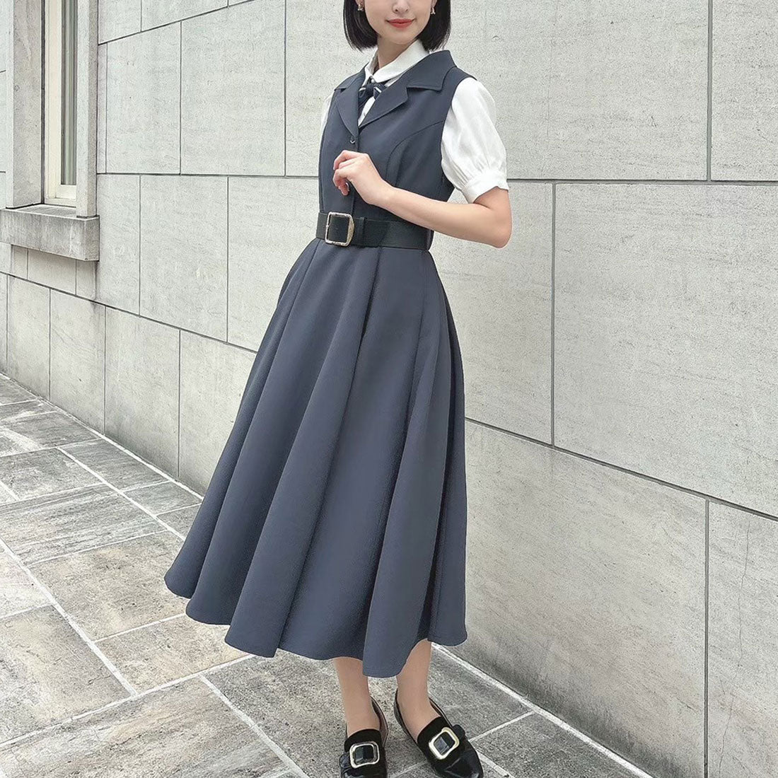 アンアナザーアンジェラス an another angelus 【洗える】ベルト付き開衿ジレワンピース （GRAY） GRAY