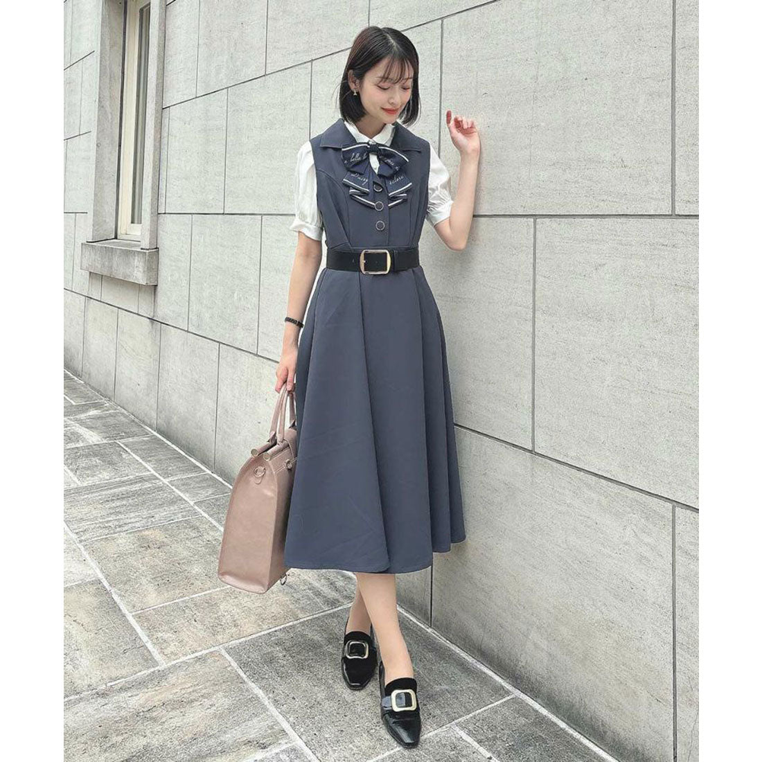 アンアナザーアンジェラス an another angelus 【洗える】ベルト付き開衿ジレワンピース （GRAY） GRAY