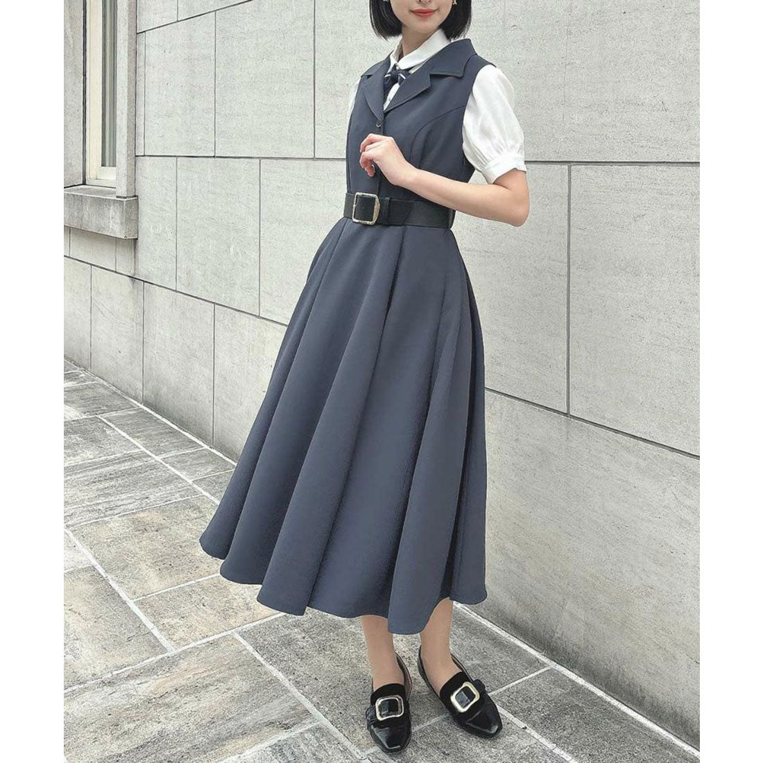 アンアナザーアンジェラス an another angelus 【洗える】ベルト付き開衿ジレワンピース （GRAY） GRAY