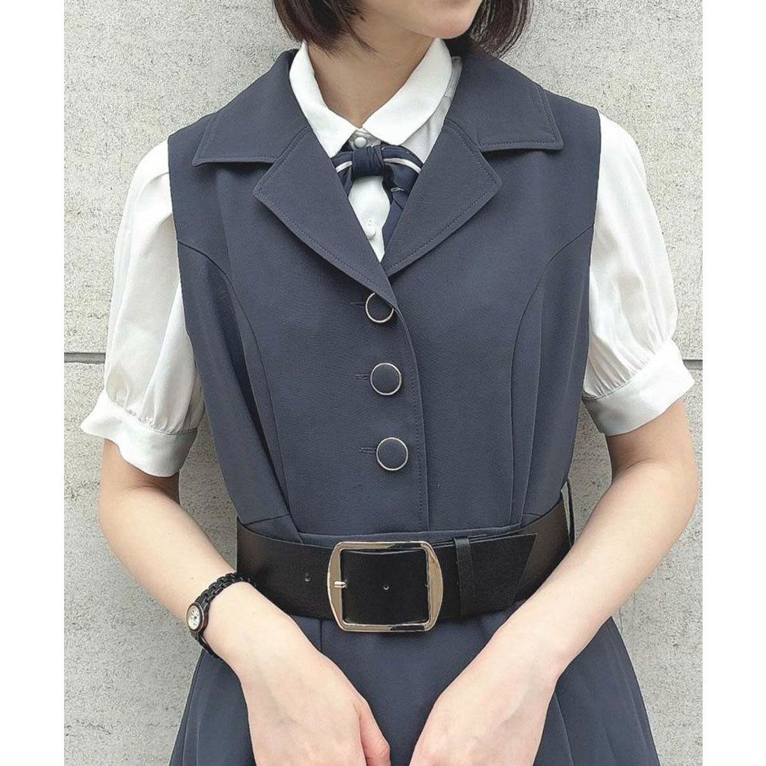 アンアナザーアンジェラス an another angelus 【洗える】ベルト付き開衿ジレワンピース （GRAY） GRAY