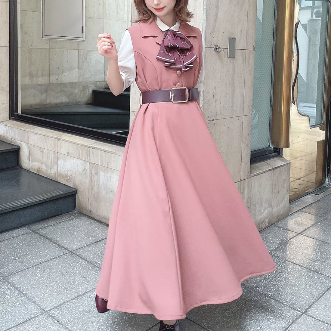 アンアナザーアンジェラス an another angelus 【洗える】ベルト付き開衿ジレワンピース （RENGA） RENGA