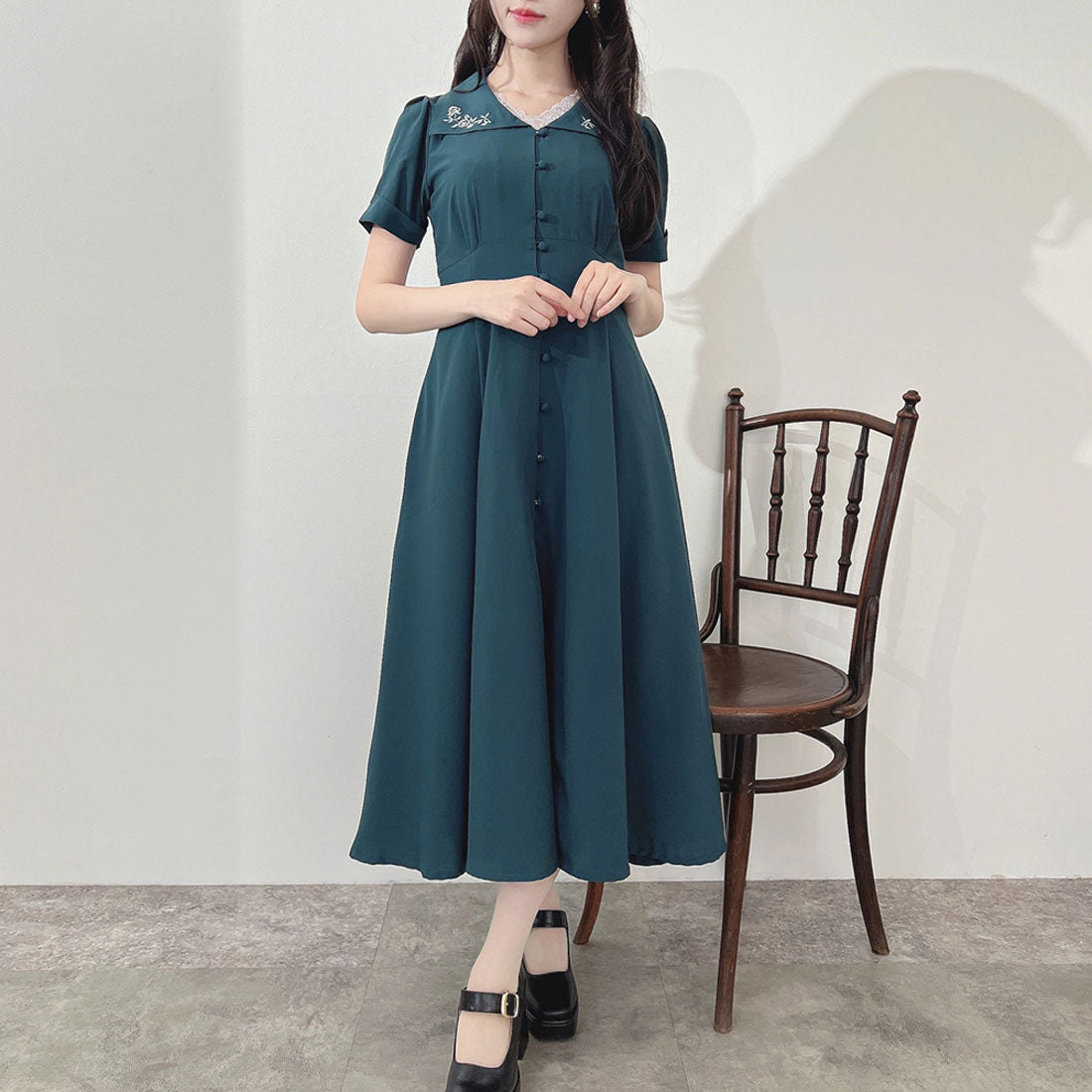 アンアナザーアンジェラス an another angelus 【洗える】ローズ刺繍衿ワンピース （BLUE GREEN） BLUE GREEN