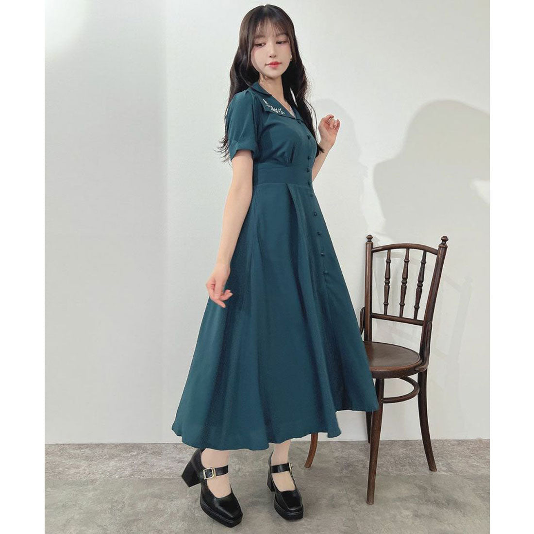 アンアナザーアンジェラス an another angelus 【洗える】ローズ刺繍衿ワンピース （BLUE GREEN） BLUE GREEN