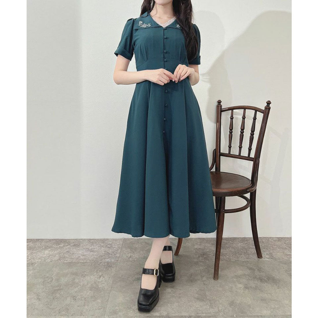 アンアナザーアンジェラス an another angelus 【洗える】ローズ刺繍衿ワンピース （BLUE GREEN） BLUE GREEN