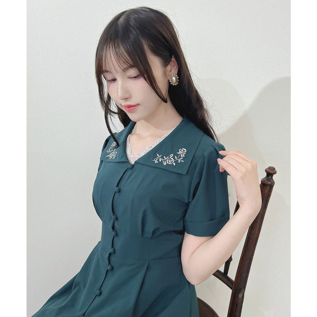 アンアナザーアンジェラス an another angelus 【洗える】ローズ刺繍衿ワンピース （BLUE GREEN） BLUE GREEN