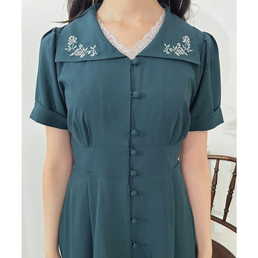 アンアナザーアンジェラス an another angelus 【洗える】ローズ刺繍衿ワンピース （BLUE GREEN） BLUE GREEN