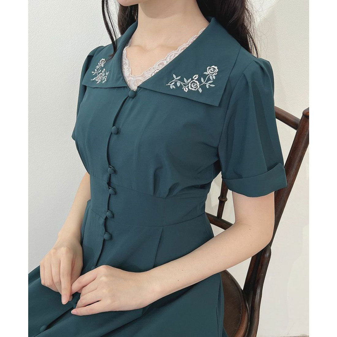 アンアナザーアンジェラス an another angelus 【洗える】ローズ刺繍衿ワンピース （BLUE GREEN） BLUE GREEN