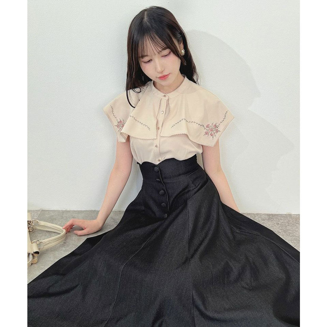 アンアナザーアンジェラス an another angelus 【洗える】ハイウエストスカラップデニムライクフレアースカート （BLACK） BLACK