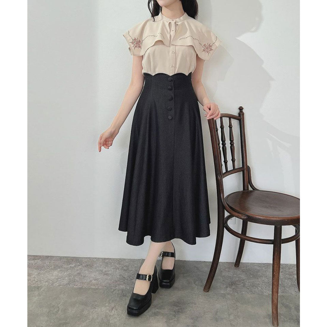 アンアナザーアンジェラス an another angelus 【洗える】ハイウエストスカラップデニムライクフレアースカート （BLACK） BLACK