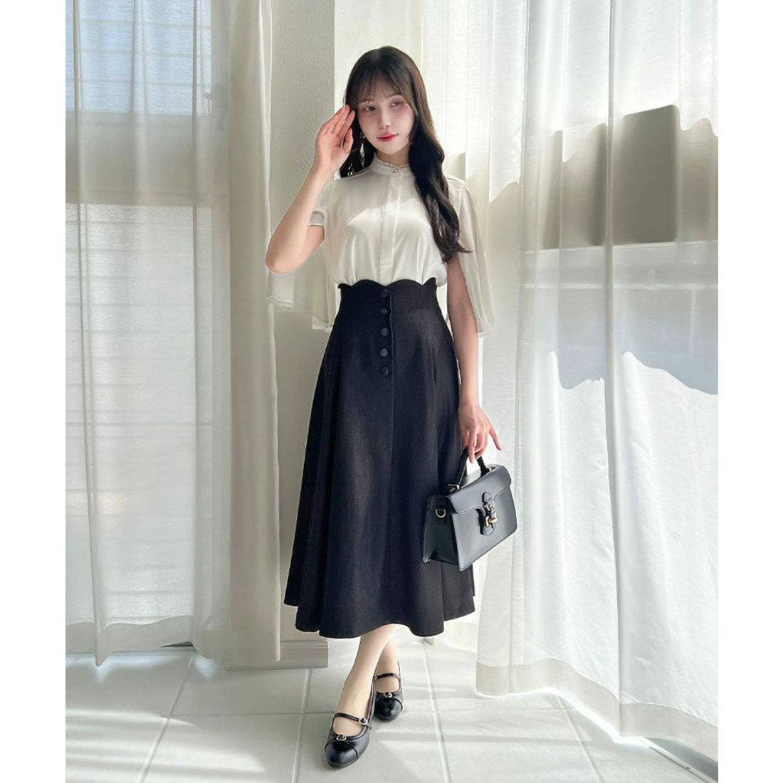 アンアナザーアンジェラス an another angelus 【洗える】ハイウエストスカラップデニムライクフレアースカート （BLACK） BLACK