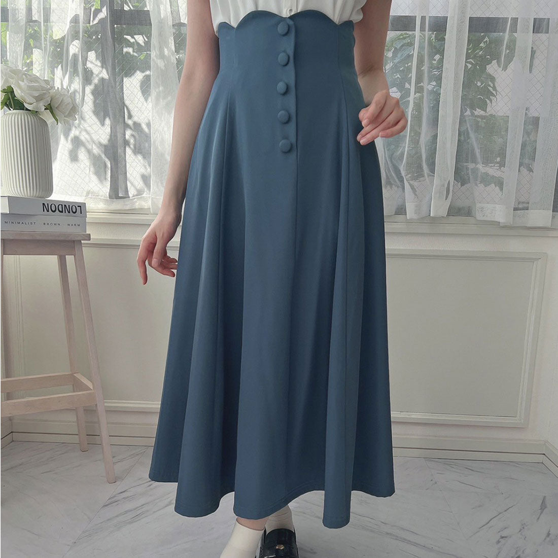 アンアナザーアンジェラス an another angelus 【洗える】ハイウエストスカラップフレアースカート （BLUE） BLUE