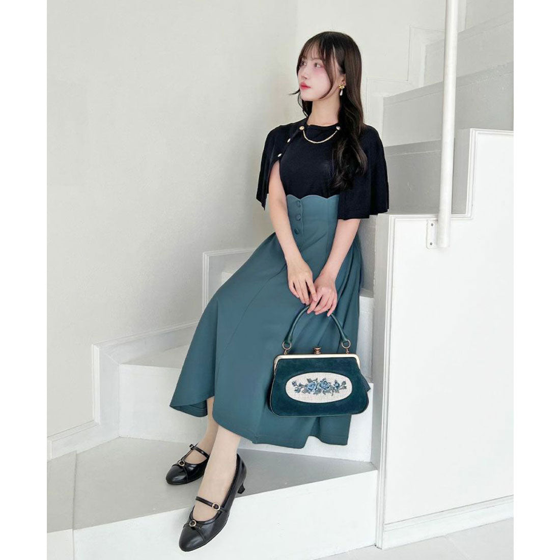 アンアナザーアンジェラス an another angelus 【洗える】ハイウエストスカラップフレアースカート （BLUE） BLUE