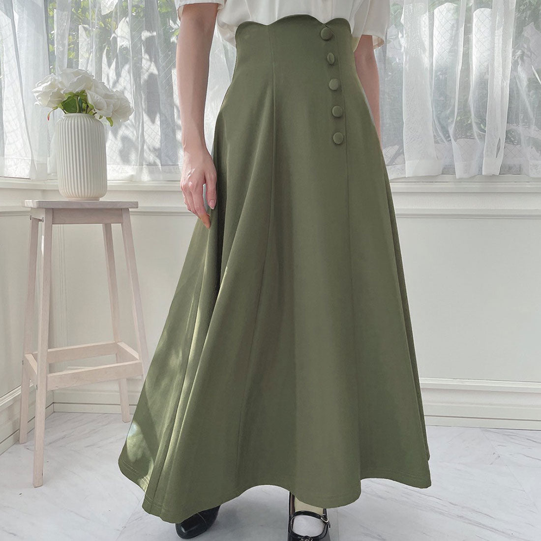 アンアナザーアンジェラス an another angelus 【洗える】ハイウエストスカラップフレアースカート （OLIVEGREEN） OLIVEGREEN