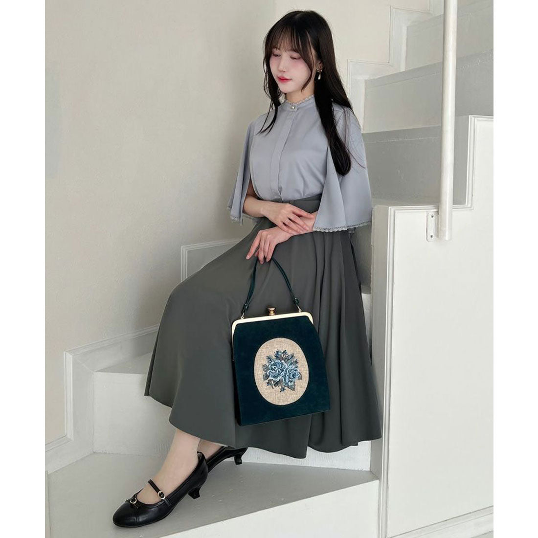 アンアナザーアンジェラス an another angelus レース使いケープスリーブブラウス （BLUE GRAY） BLUE GRAY