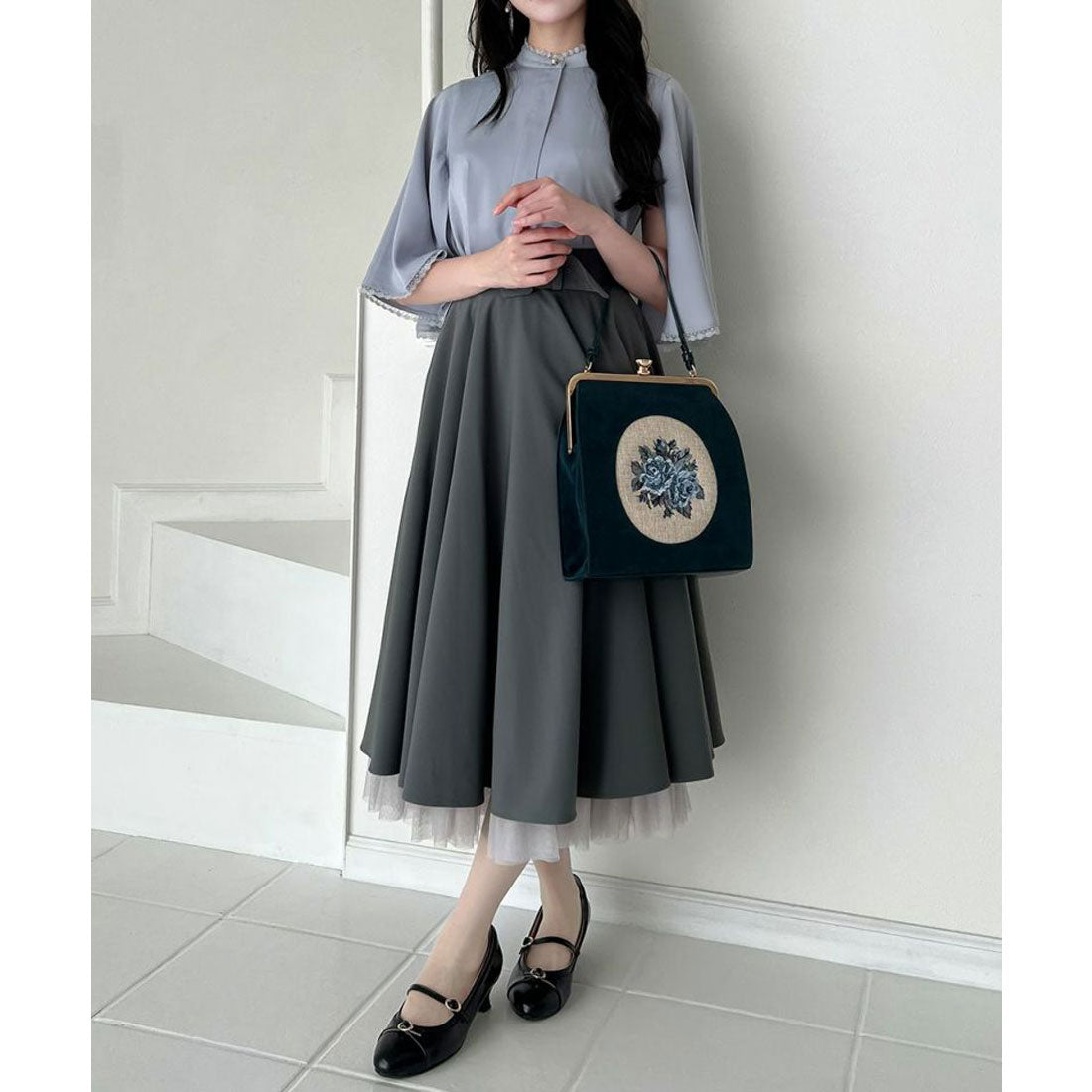 アンアナザーアンジェラス an another angelus レース使いケープスリーブブラウス （BLUE GRAY） BLUE GRAY