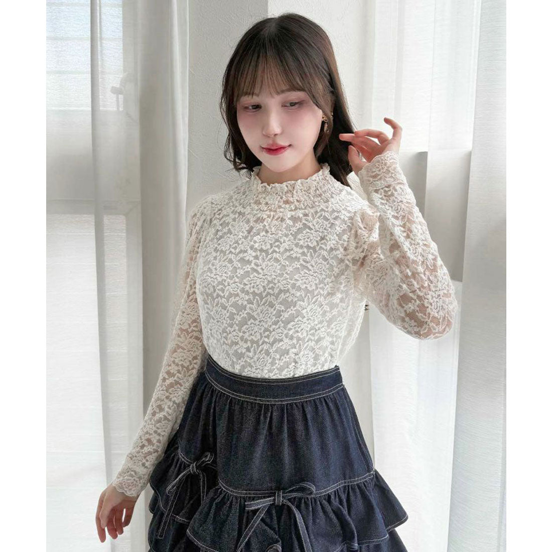 アンアナザーアンジェラス an another angelus 【洗える】ローズレース長袖トップス （OFF WHITE） OFF WHITE
