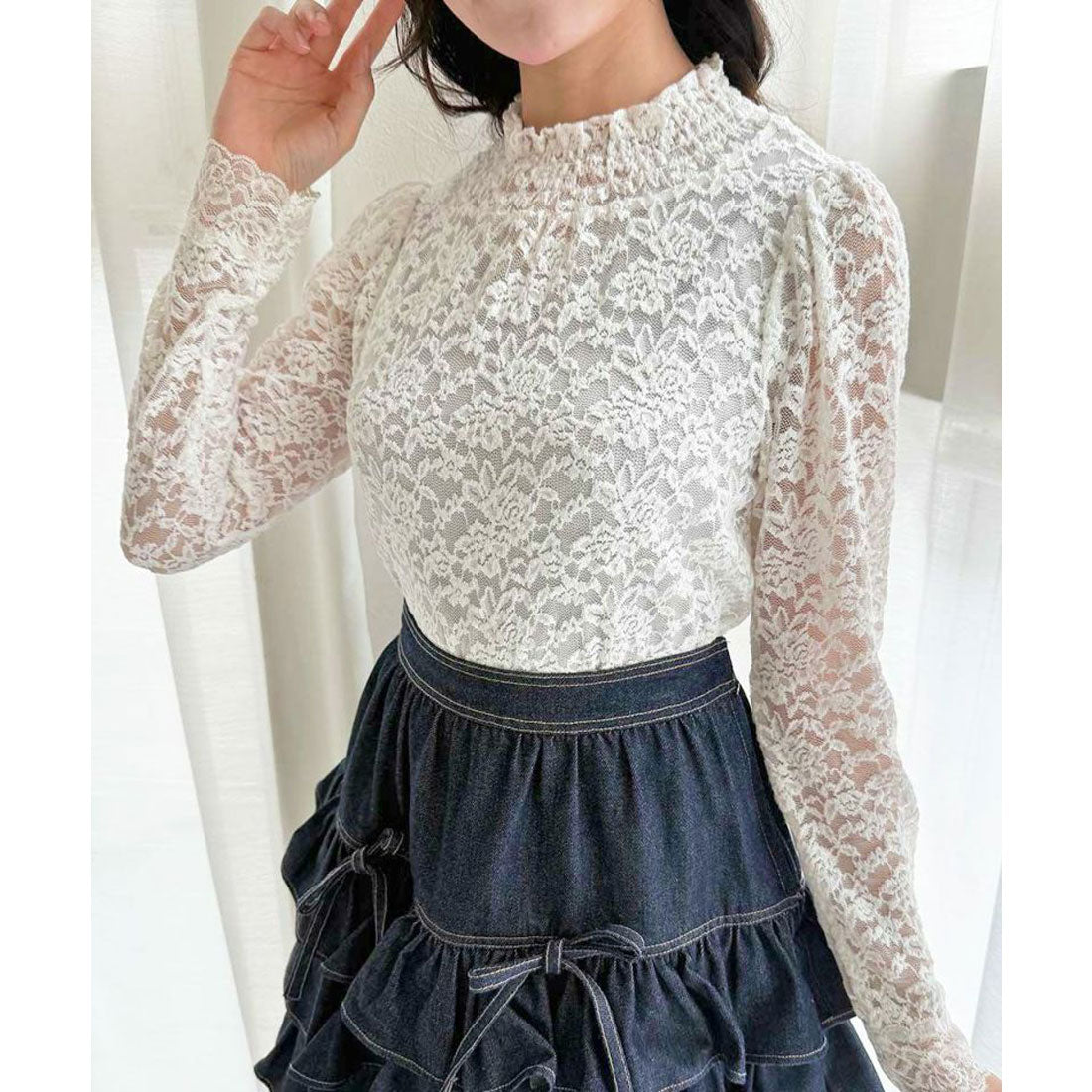 アンアナザーアンジェラス an another angelus 【洗える】ローズレース長袖トップス （OFF WHITE） OFF WHITE