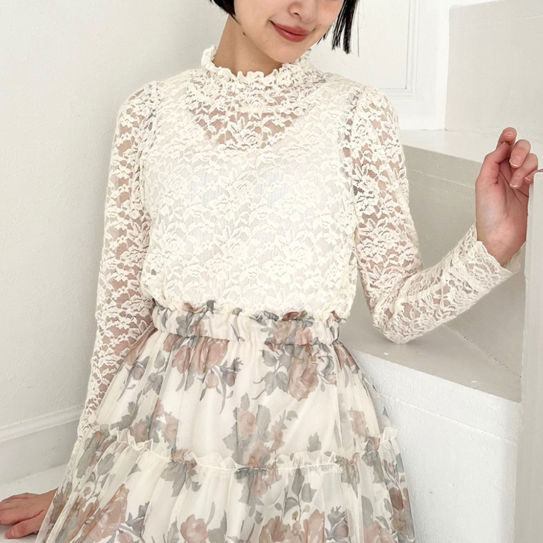 アンアナザーアンジェラス an another angelus 【洗える】ローズレース長袖トップス （IVORY） IVORY