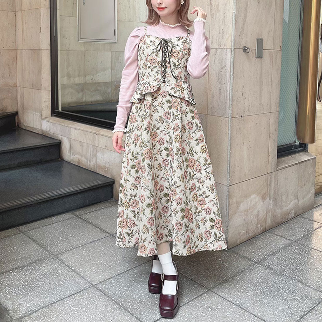 アンアナザーアンジェラス an another angelus 【洗える】フロントレースアップゴブランキャミワンピース （PINK×YE） PINK×YE