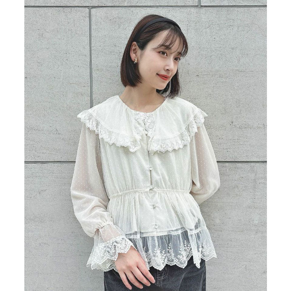 アンアナザーアンジェラス an another angelus 【洗える】レース使いドットチュールブラウス （IVORY） IVORY