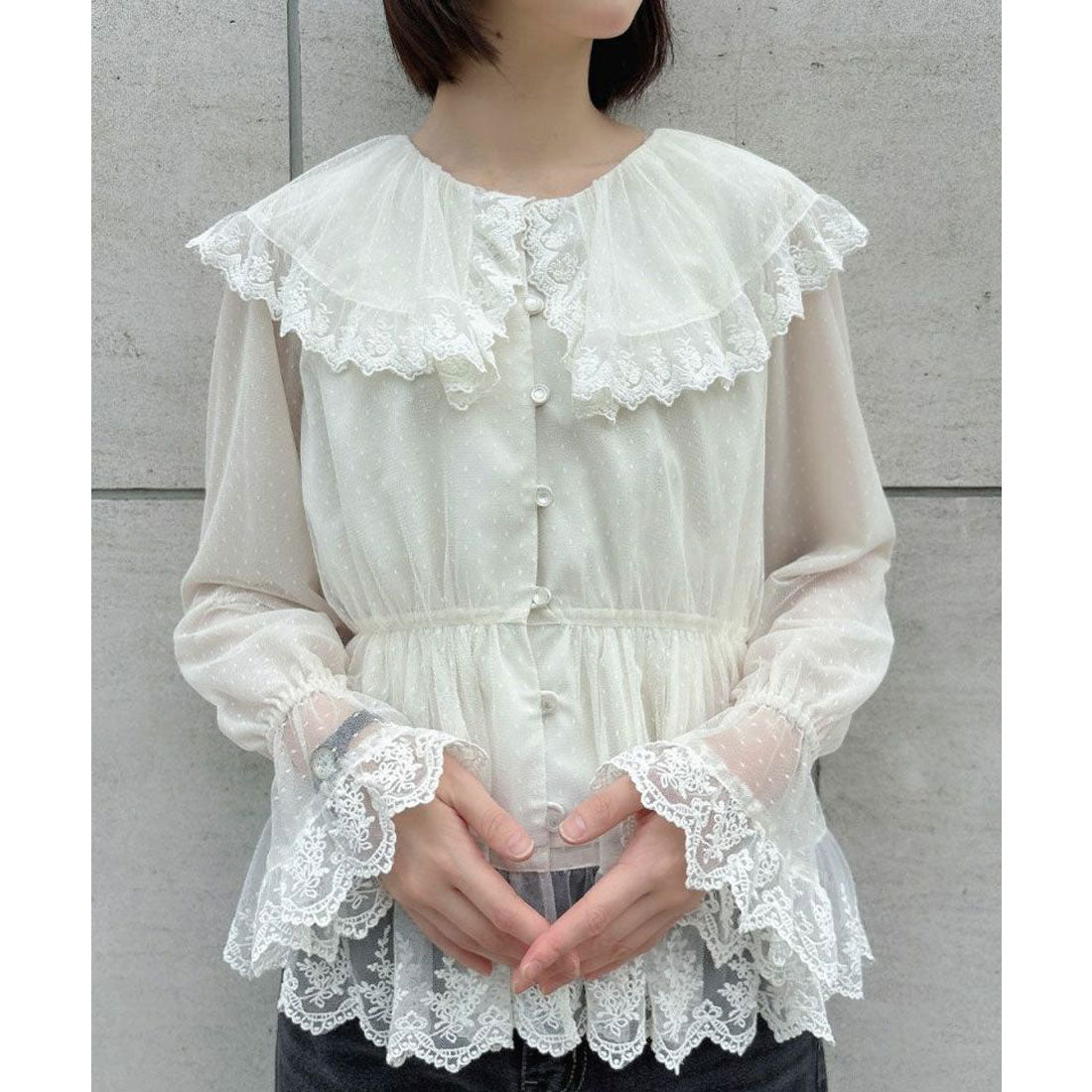 アンアナザーアンジェラス an another angelus 【洗える】レース使いドットチュールブラウス （IVORY） IVORY