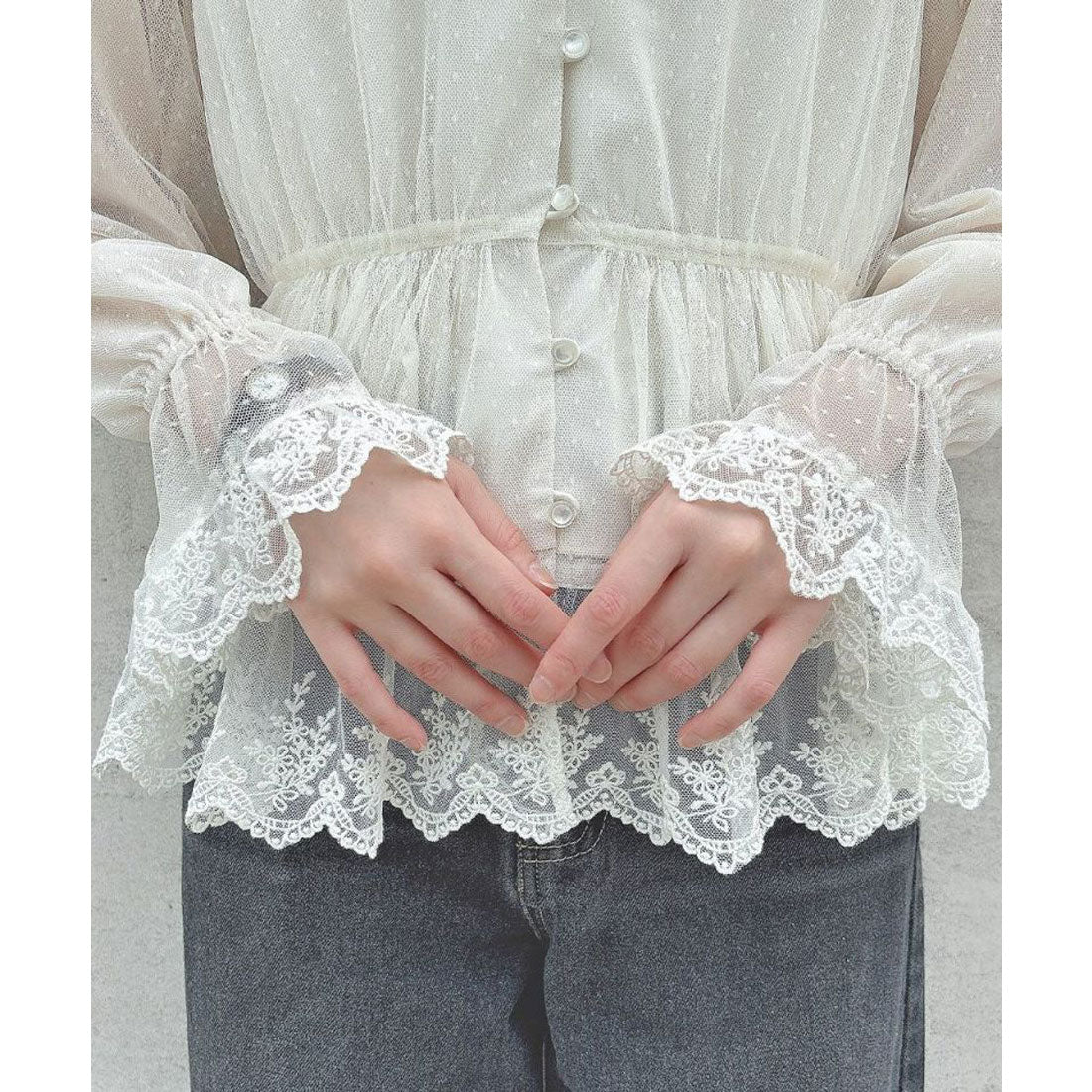 アンアナザーアンジェラス an another angelus 【洗える】レース使いドットチュールブラウス （IVORY） IVORY